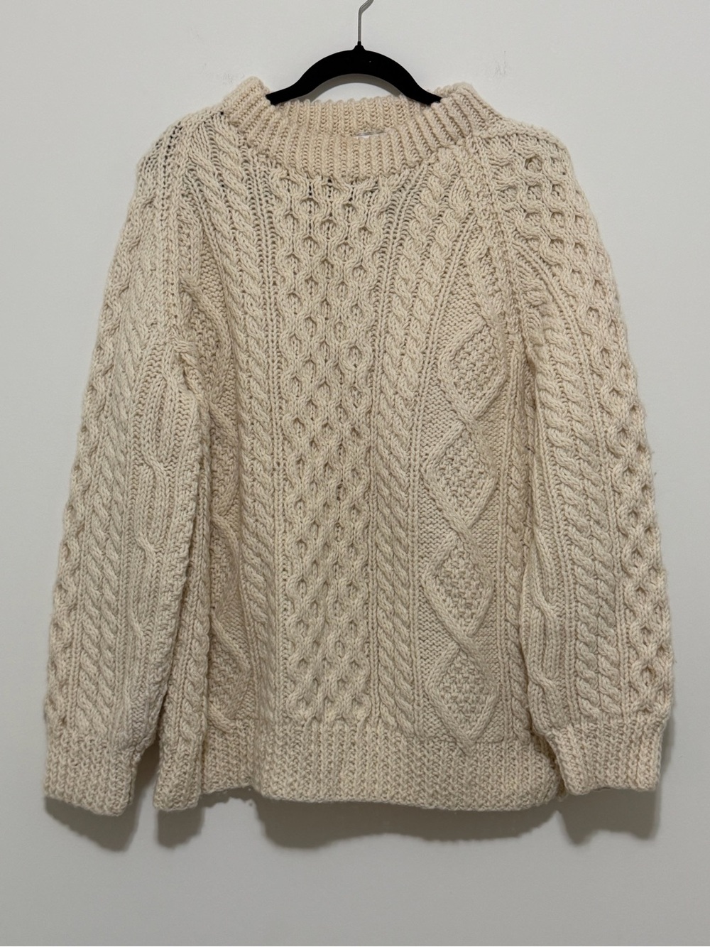 Bonner of Ireland Cream Pure Wool Sweater Handknit Irish Aran Cable Fisherman